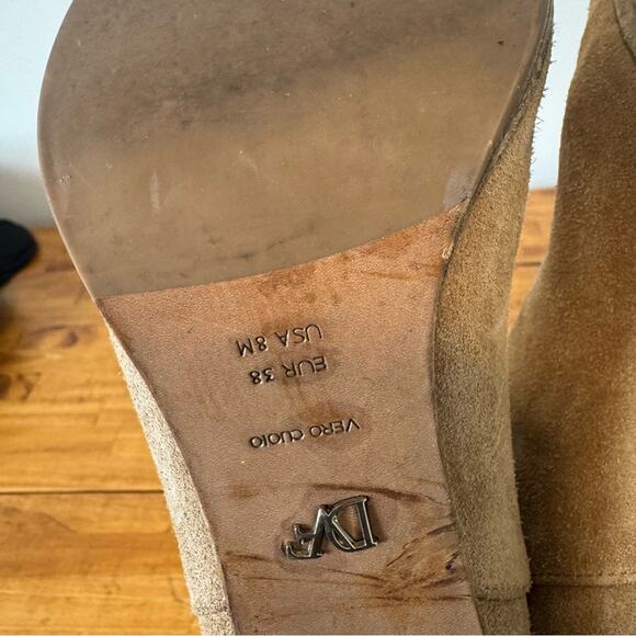 Diane Von Furstenburg DVF Camel Tan Suede Leather Perforated Heeled Boots 8 - Picture 6 of 7